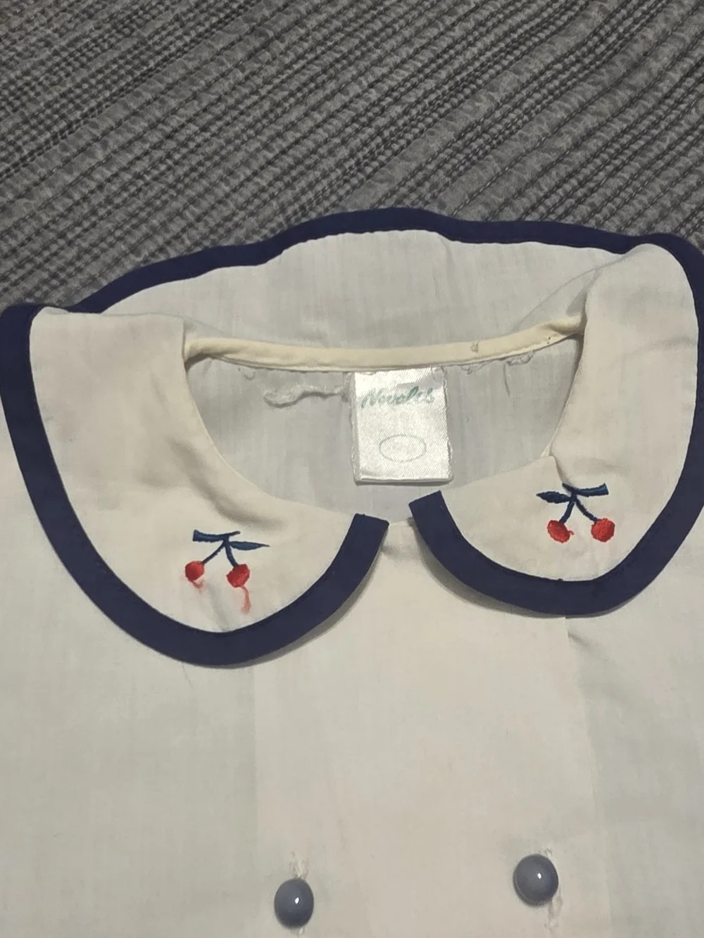 Cream Short-Sleeve Kids Top with Navy Trim and Cherry Embroidery